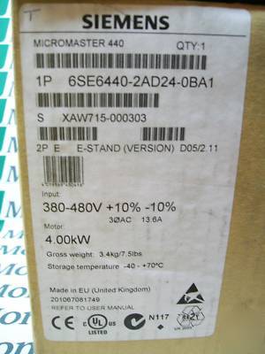 Siemens micromaster 440 drive 380V - 480V 4.00KW