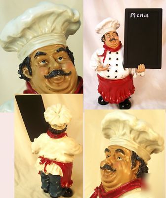 Bistro shapely fat chef figurine menu board pizza cafe