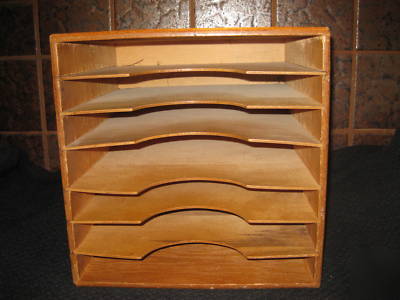 Vintage wood desk top file letter paper tray divider 