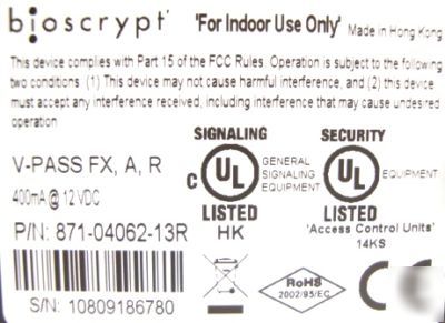 New bioscrypt v-pass fx ar biometric fingerprint reader 