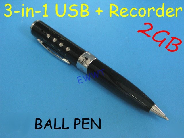 Black MP3 pen+digitial voice recorder +2GB flash memory
