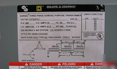 Watchdog square d transformer #15T3HFCU 480V type 2