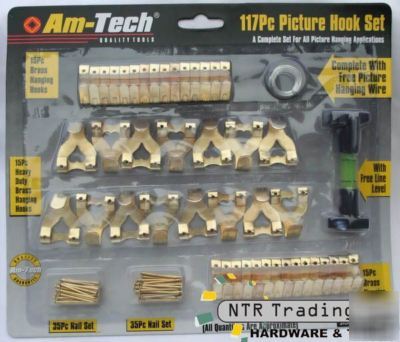 117 pc brass picture hook set free wire and line level