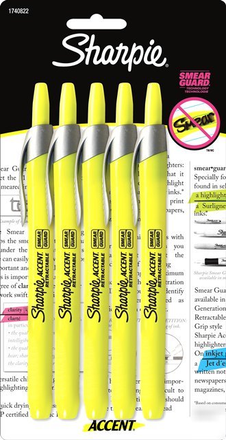 5 yellow sharpie accent retractable highlighters