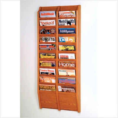 Twenty pocket wall mount magazine rack wood medium oak