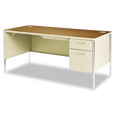 Single pedestal desk medium oak/putty 66WX30DX29-1/2H