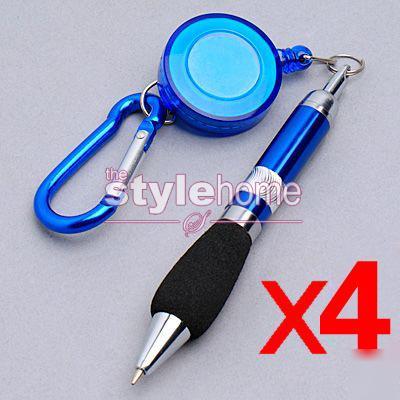 4 x retractable ball point ink pen belt carabiner clip