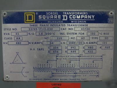 45 kva transformer pri 480V sec 208Y/120 3 ph dry type