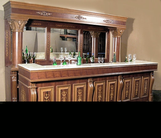 11FT walnut home pub bar w/ marble top & marquetry