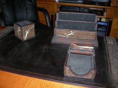 Maitland smith black suede abaca rope lizard desk set