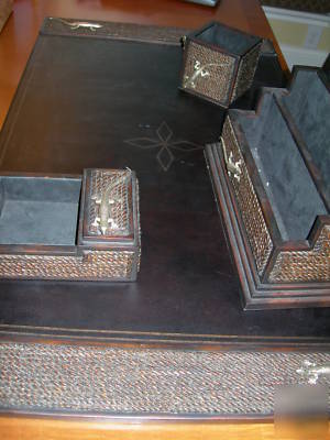 Maitland smith black suede abaca rope lizard desk set