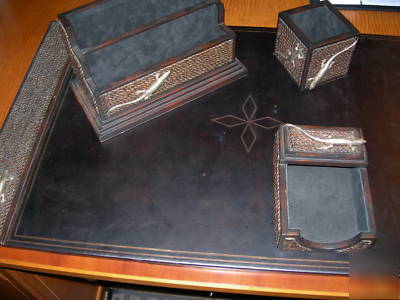 Maitland smith black suede abaca rope lizard desk set