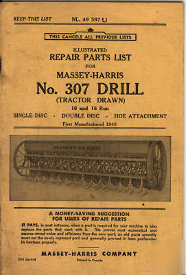 Massey harris no. 307 drill repair parts list manual mh