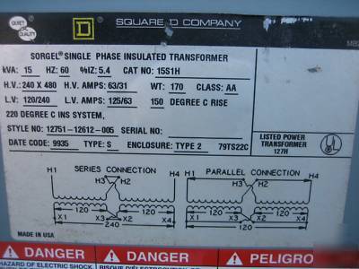 Square d transformer 15 kva 240 x 480 120/240 15KVA 1PH