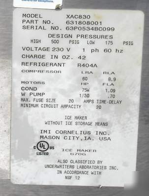 Used cornelius 780 lb ice maker w/580LB bin 220V XAC830