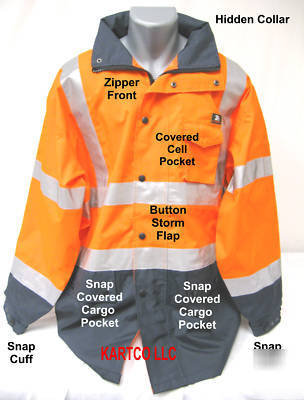 Hi-viz orange waterproof rain coat-blk collar- 4XL