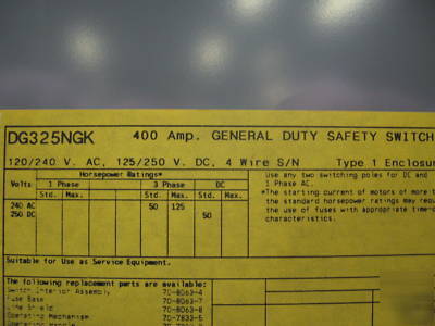 Cutler hammer fused disconnect 400 amp 250V DG325NGK