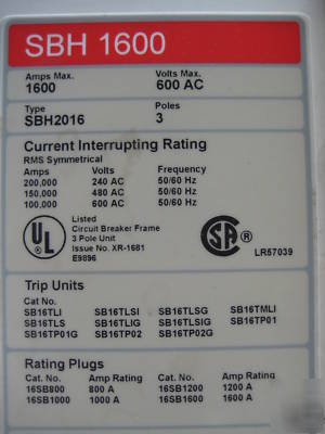 Siemens sbh 2016 SBH2016 SBH2016DV 1600 amp SB16TP02G