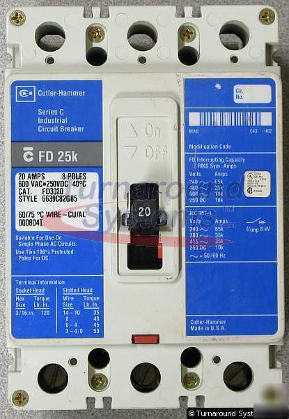 Cutler-hammer FD3020 circuit breaker, 20 amp, 600 volt