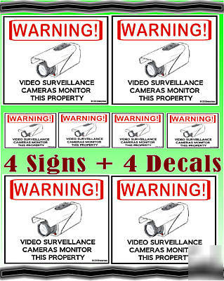 4 security cameras warning signs + 4 camera stickers 