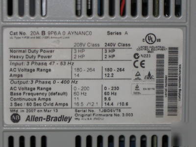 Allen bradley 22AB9P6A0AYNANC0 powerflex 70 ser a 3 hp 